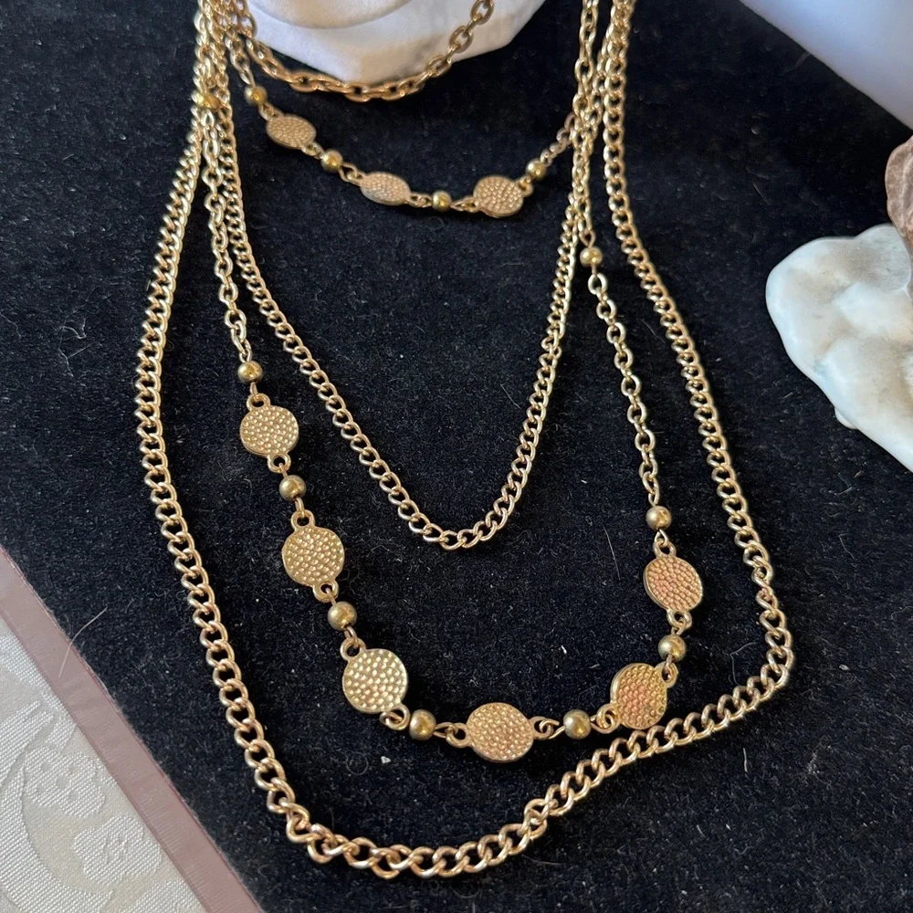 Elegant Vintage Gold-Tone Multi-strand Necklace with Disc or Coin-like